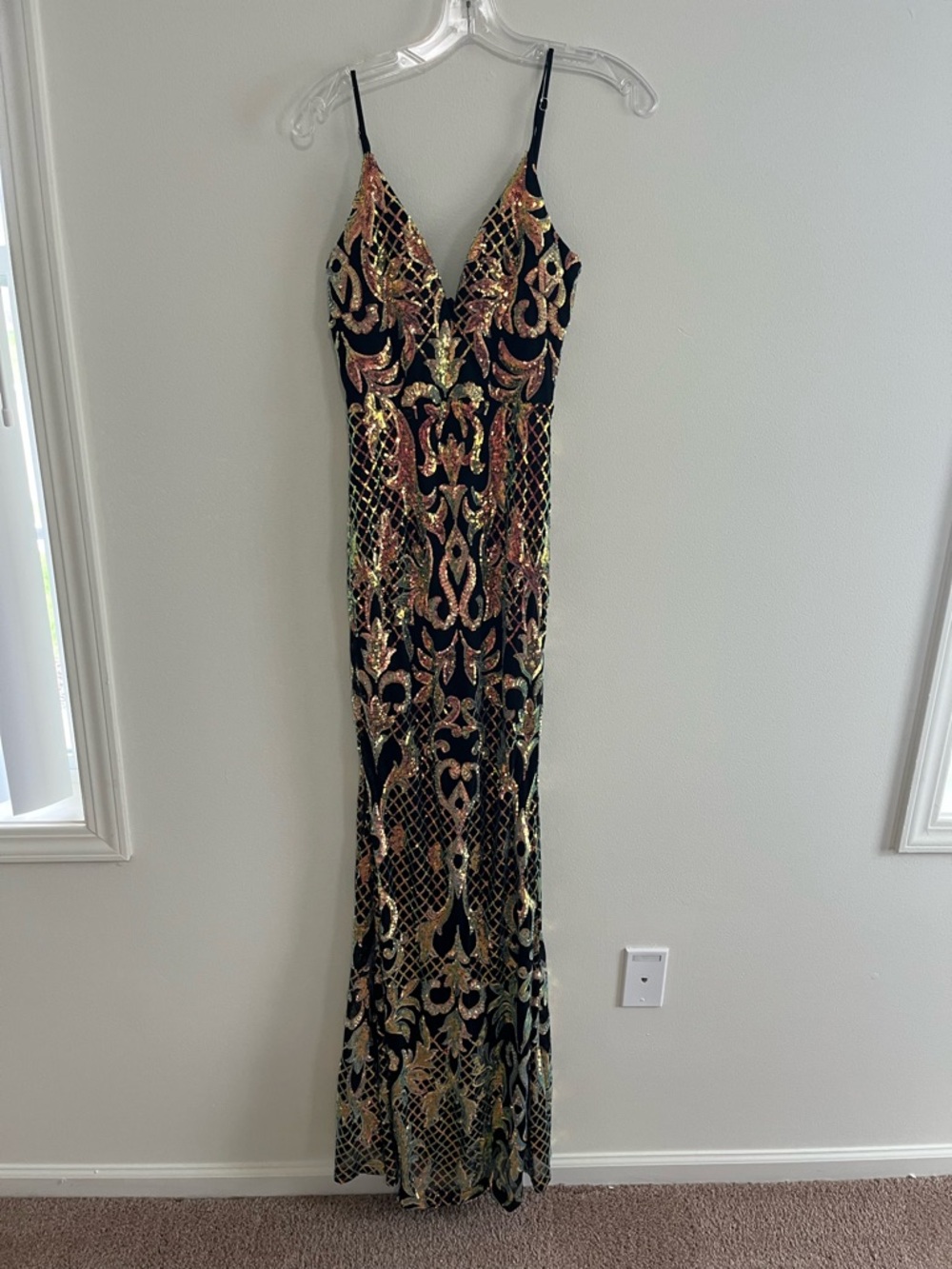 Betsy & Adam Black Maxi Dress with Gold and Rose Sequin Accents